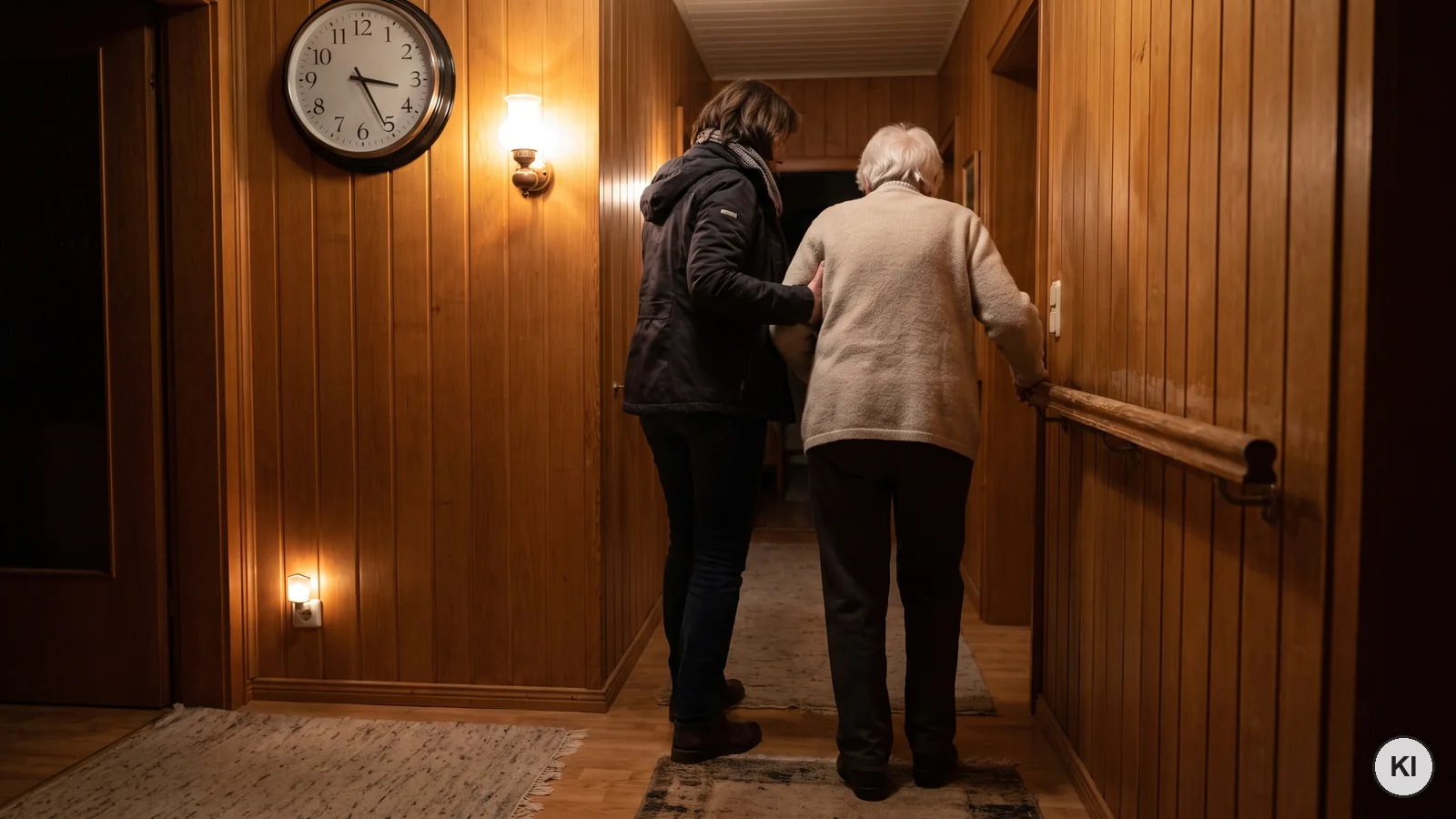 Tochter begleitet ihre ältere Mutter abends durch einen warm beleuchteten Flur mit Handlauf, Nachtlicht und großer Wanduhr (KI-generiertes Bild)