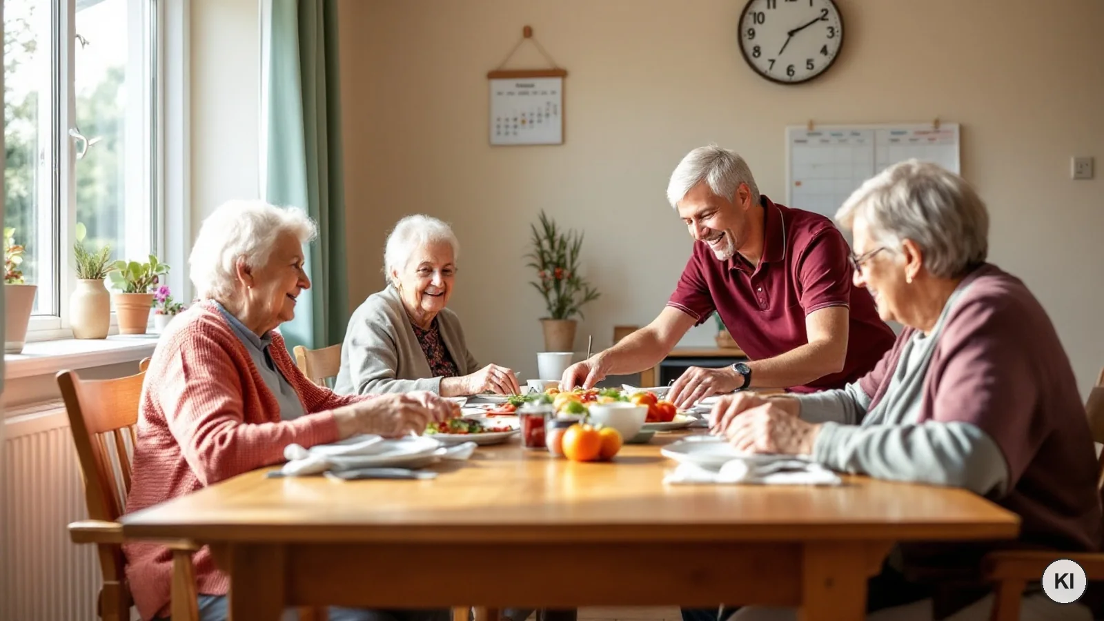 Betreuungskraft im weinroten Polo deckt mit vier Seniorinnen und Senioren gemeinsam den Mittagstisch in einem hellen Tagespflege-Raum, an der Wand eine große Uhr (KI-generiertes Bild)