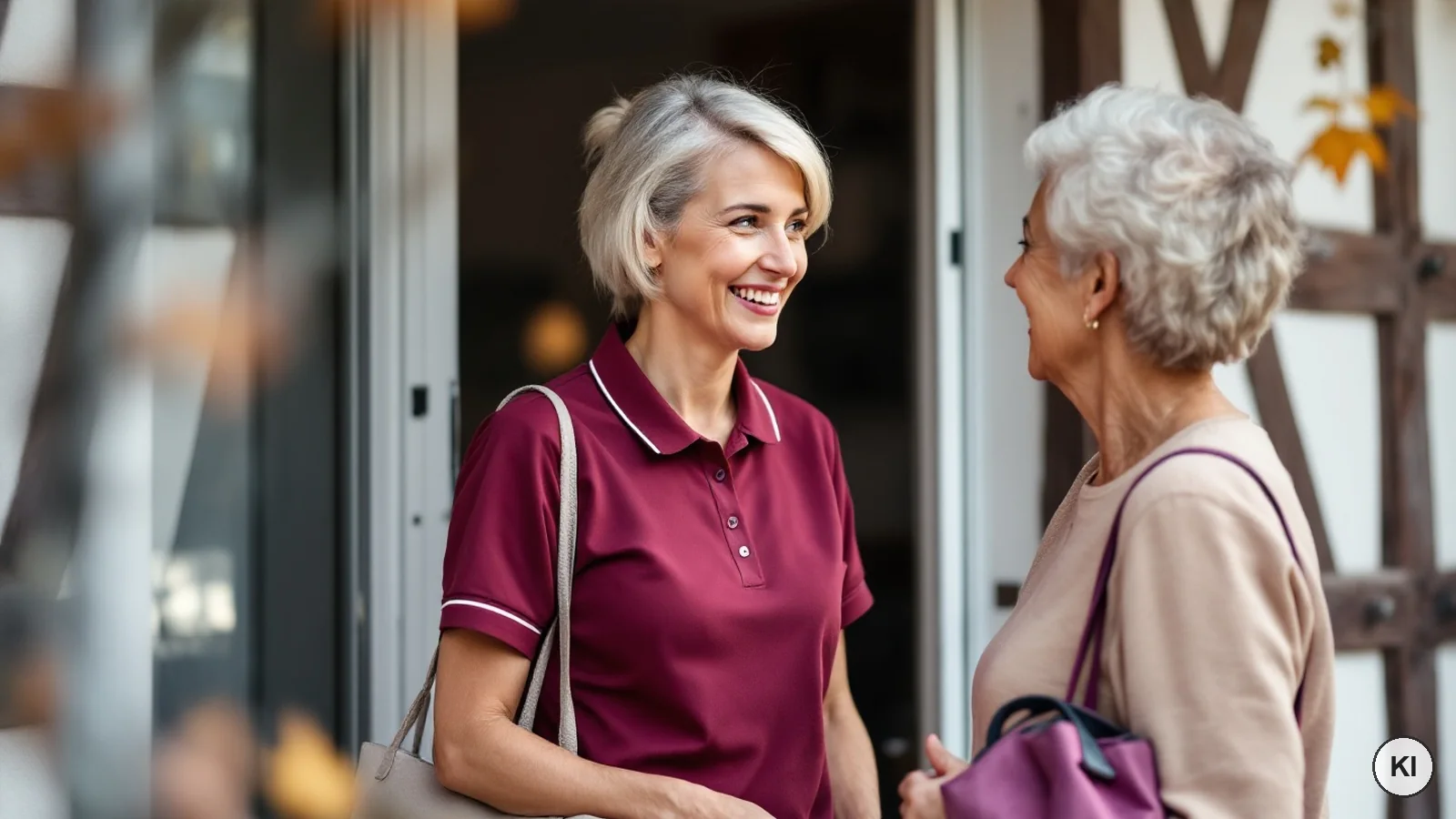 Pflegerin im weinroten Polo begr&uuml;&szlig;t eine Seniorin an der Haust&uuml;r eines Fachwerkhauses &ndash; Vertretung zu Hause (KI-generiertes Bild)