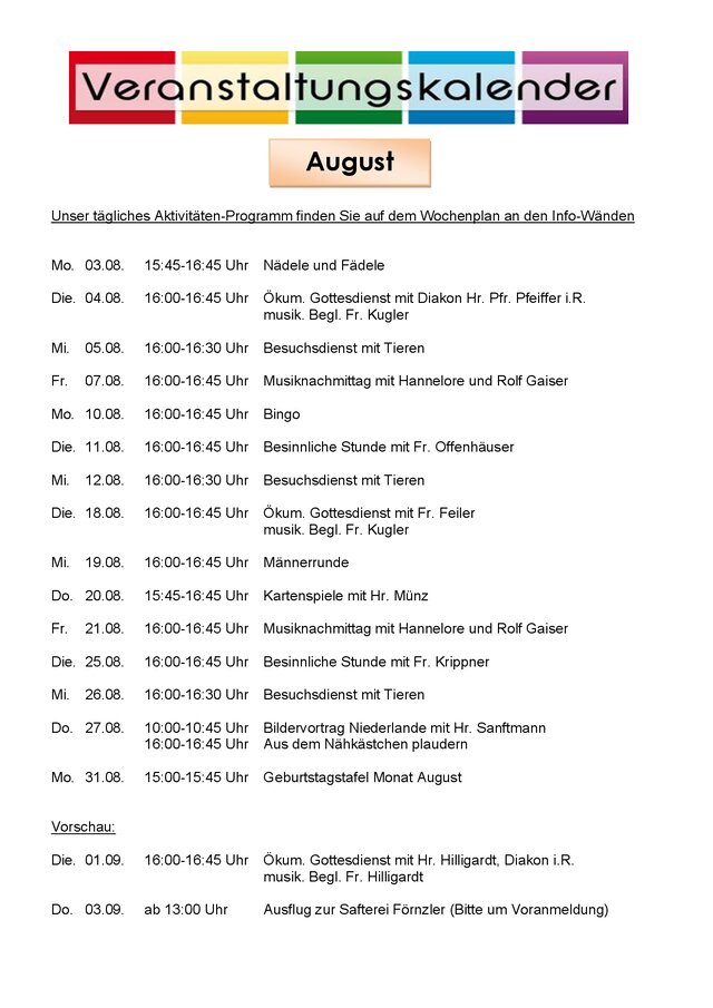 Titelseite Veranstaltungskalender August 2026